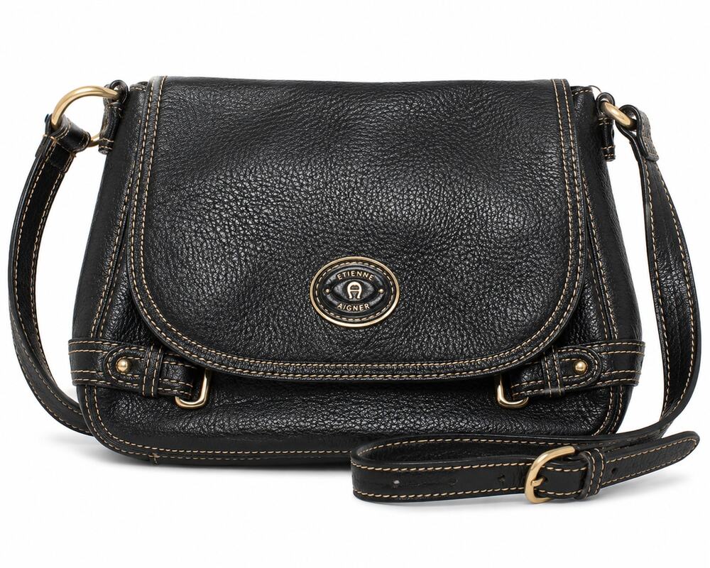 Vintage Etienne Aigner Black Pebbled Leather Flap Crossbody Shoulder Bag Medium